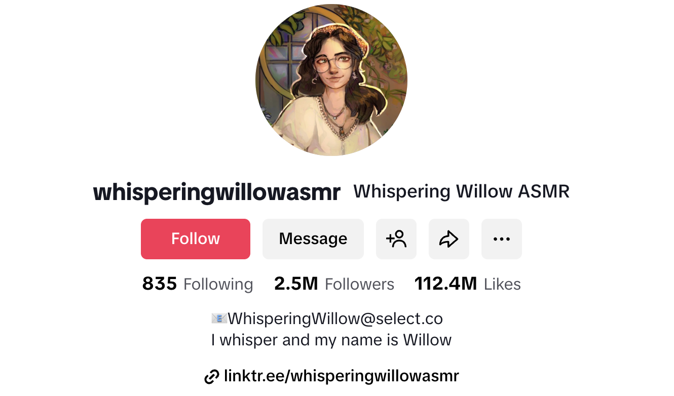 Whispering Willow ASMR (@whisperingwillowasmr) – 2.5M Followers